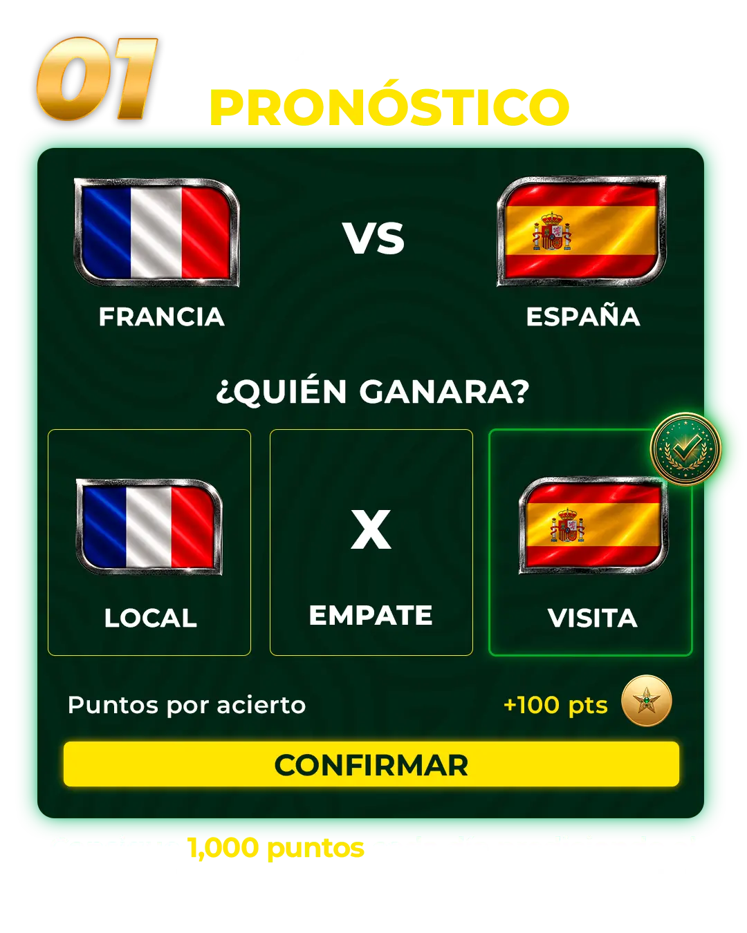 Paso 1: Haz tu pronóstico — predice el resultado de los partidos del día y gana 1,000 puntos